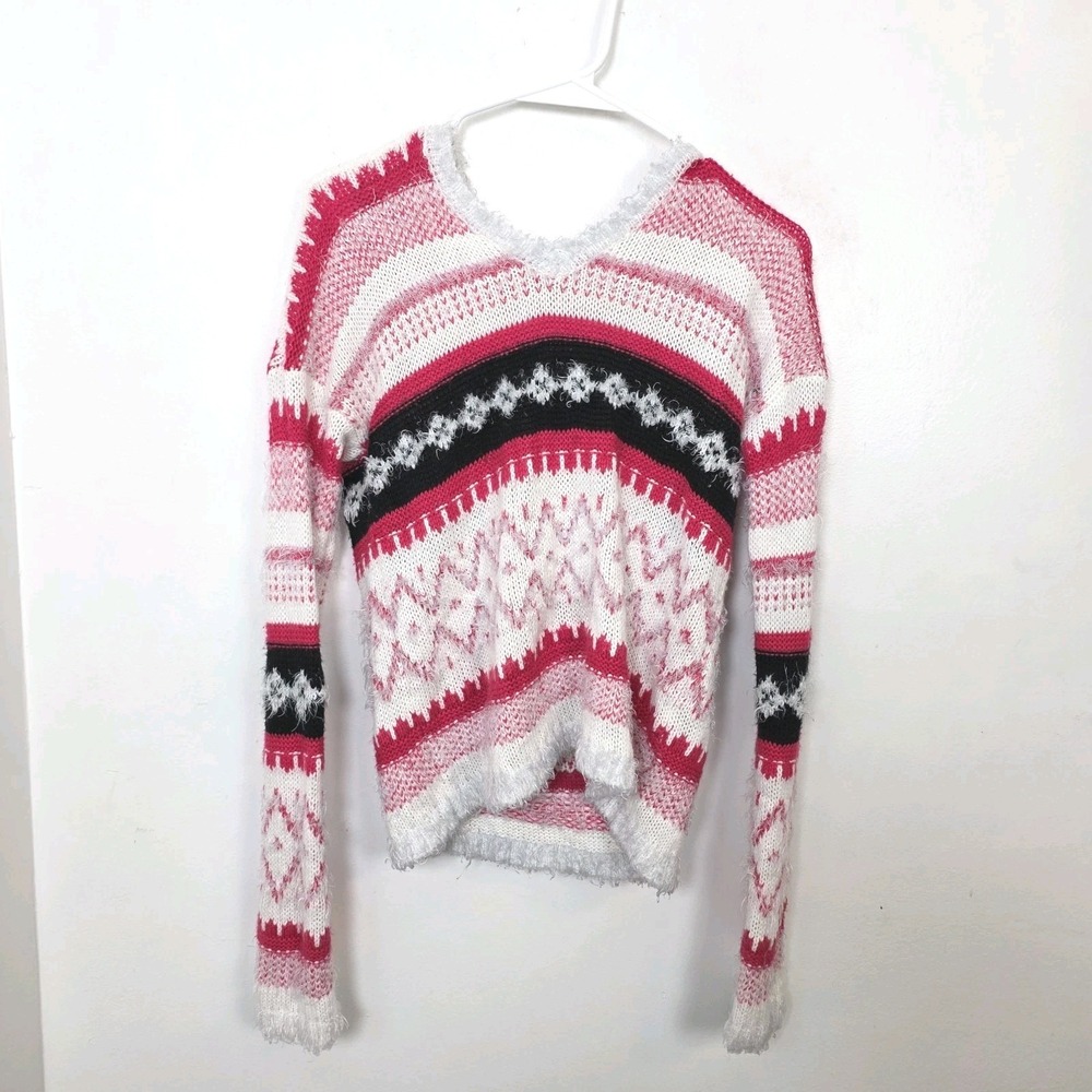Arizona Jeans Co. White Pink Black Fuzzy Striped Hooded Sweater Size Medium